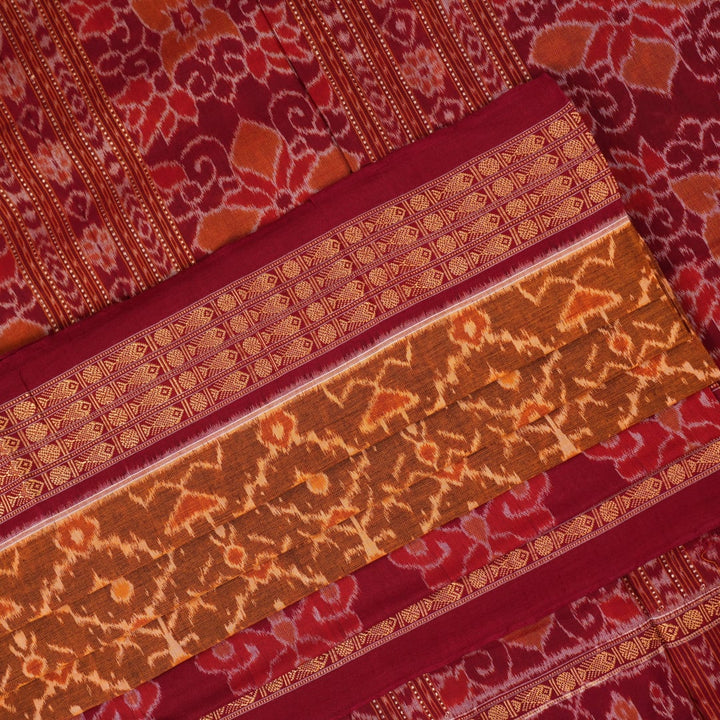 Complete flat layout of the brown and maroon Sambalpuri cotton saree showcasing all patterns and motifs.