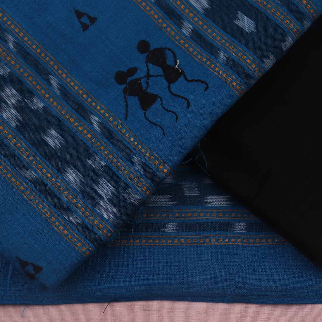 Blue and black Sambalpuri cotton dress material: Blouse piece detail with motifs.