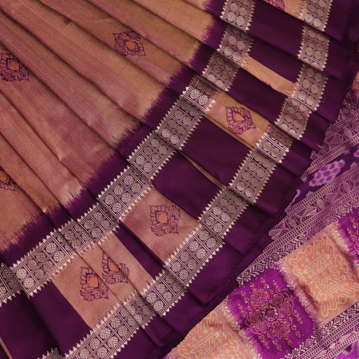 Close-up of the smooth, lustrous texture of multi-color and violet Bomkai silk saree, featuring butta weave.