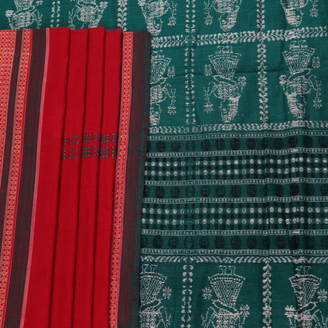 Full view of a red and green Bomkai Cotton Saree featuring a doll pattern.