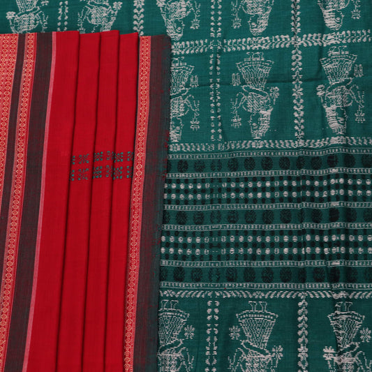 Full view of a red and green Bomkai Cotton Saree featuring a doll pattern.