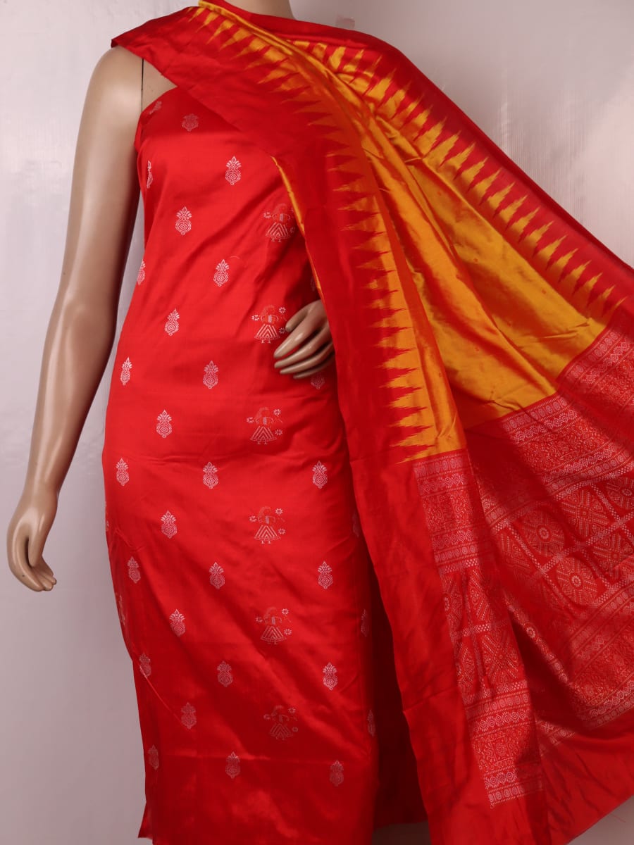 Red and yellow Bomkai silk dress material blouse piece with butta pattern.