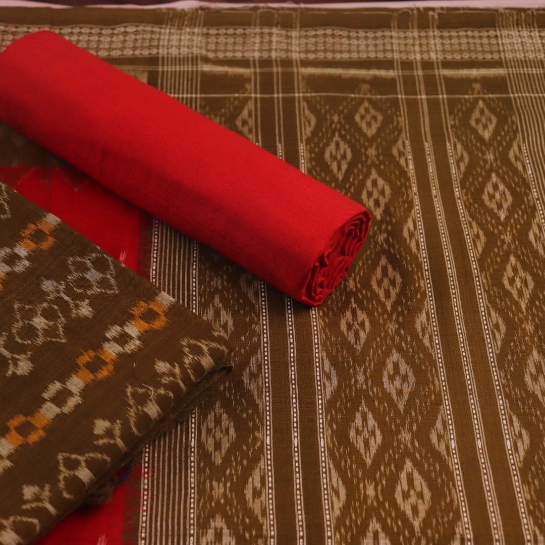 Green Sambalpuri cotton dress material blouse piece with red motifs.