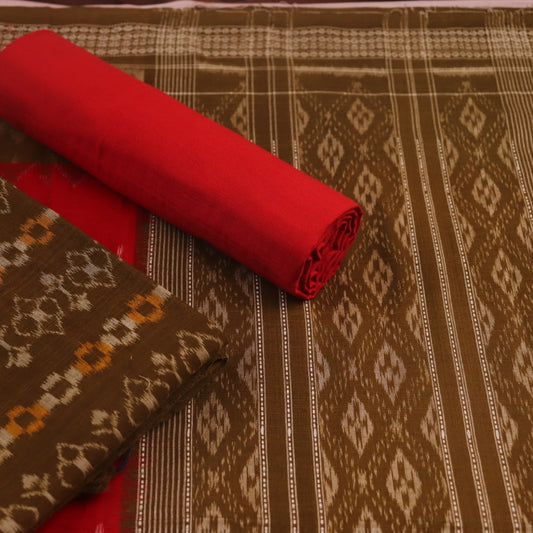 Green Sambalpuri cotton dress material blouse piece with red motifs.
