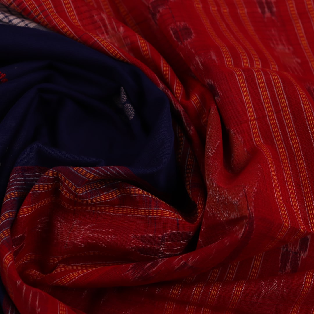 Blue cotton Bomkai saree with red butta pattern, full view