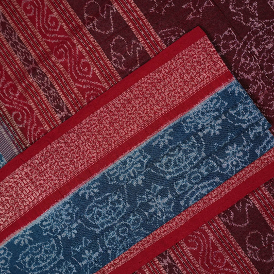 Full flat layout of the blue and maroon Sambalpuri cotton saree displaying the complete motifs and border pattern.