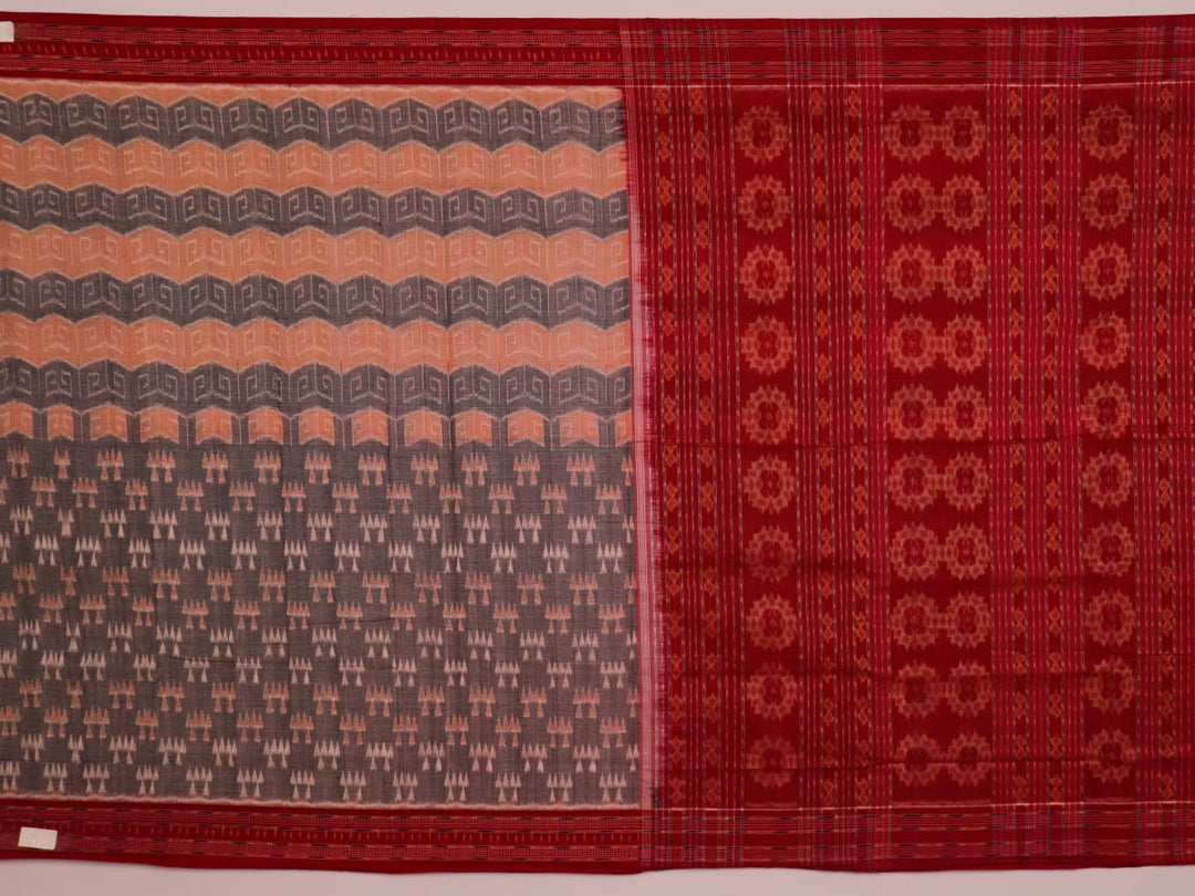 Full view of a grey and maroon Sambalpuri cotton saree with intricate motifs