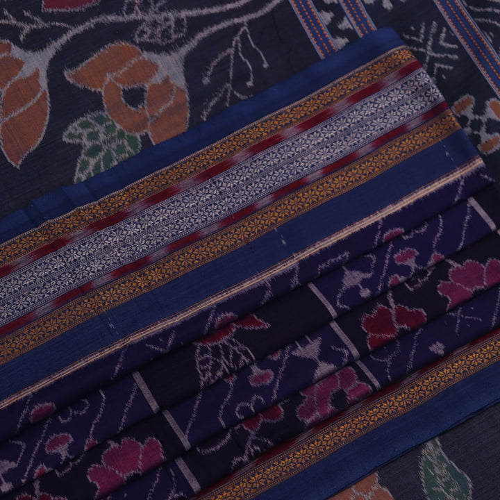 Full view of a blue Sambalpuri cotton saree with black motifs