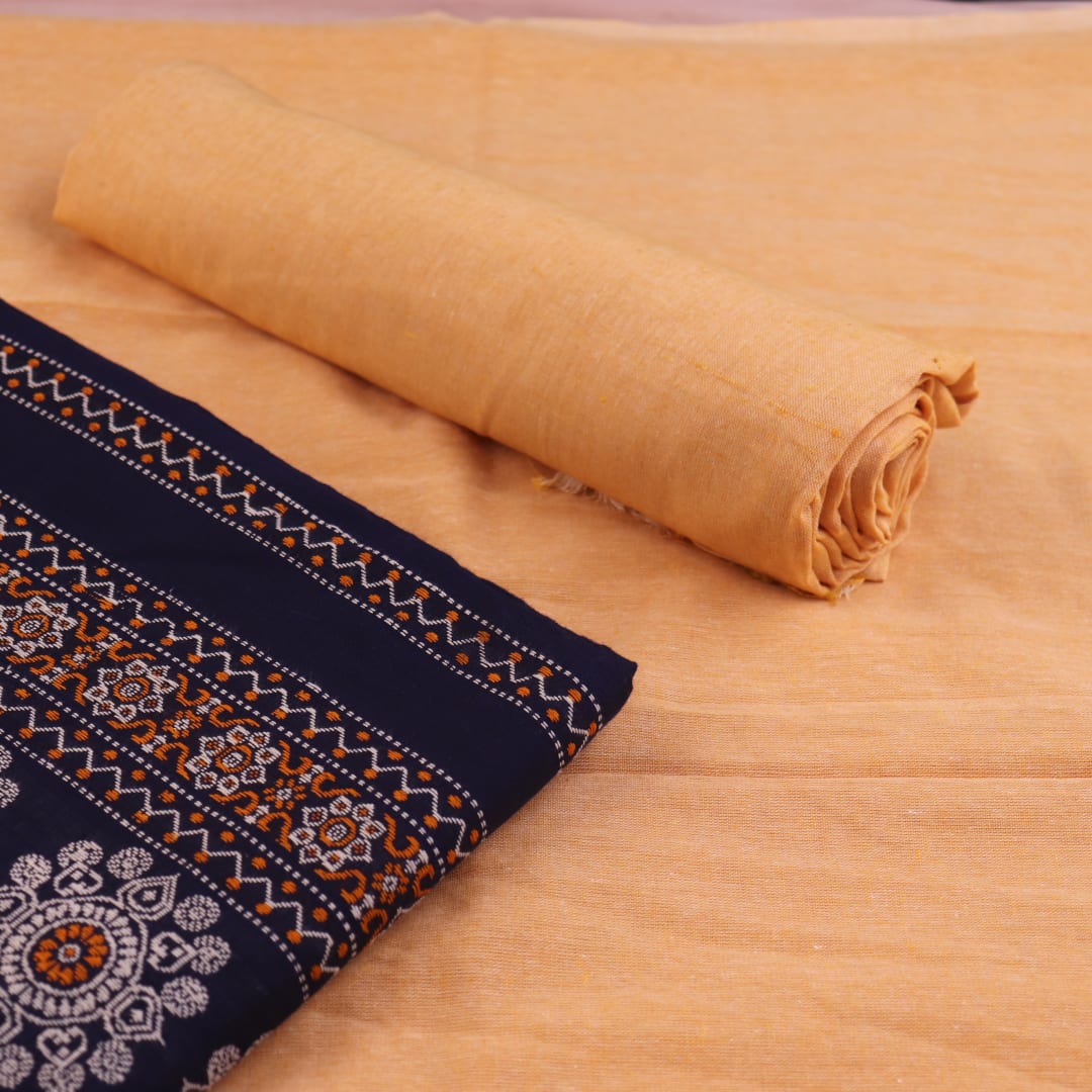 Bomkai Cotton dress material: Blue & cream blouse piece detail with matching border design.