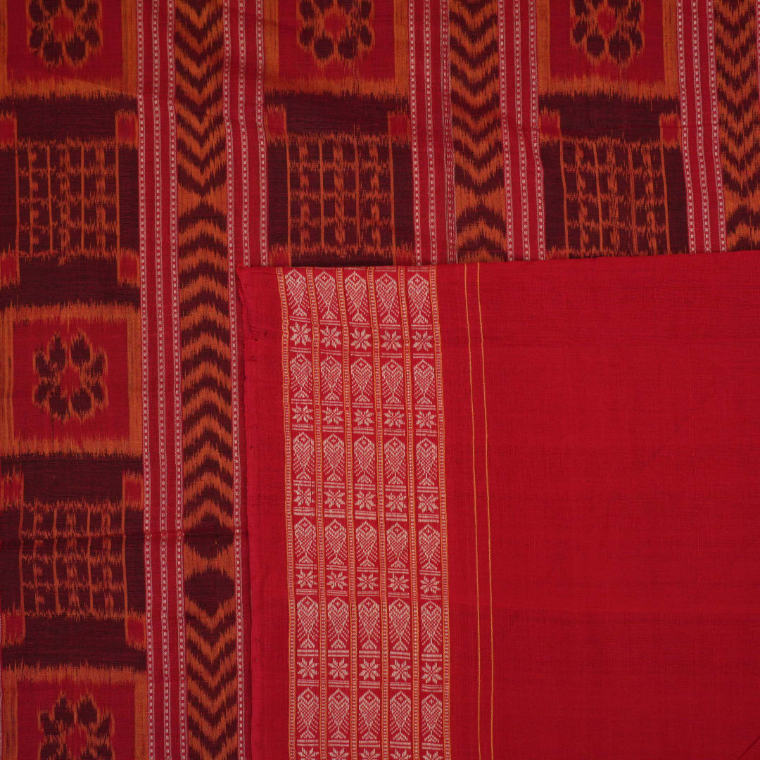 Full layout of the black and red Sambalpuri cotton saree displaying the complete pattern and border design.