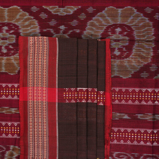 Full layout of brown and red handloom Bomkai cotton saree showing butta body and decorative pallu.