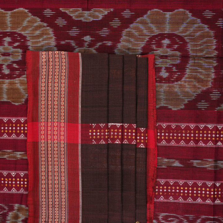 Full layout of brown and red handloom Bomkai cotton saree showing butta body and decorative pallu.