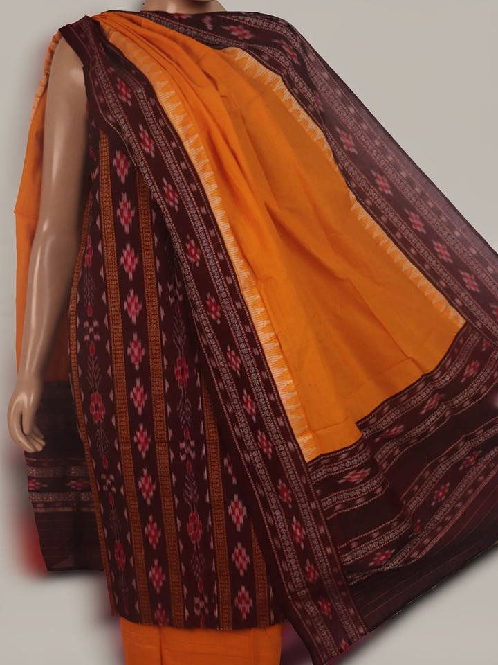 Close-up of the maroon and yellow Sambalpuri cotton blouse piece with motifs for the dress material.
