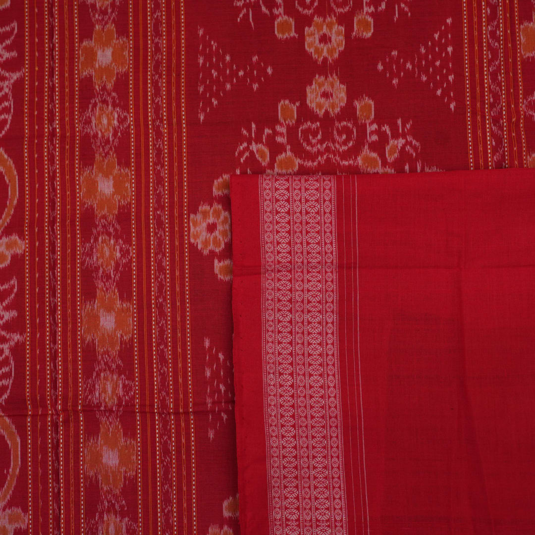 Full flat layout of a black and red Sambalpuri cotton saree showing the complete design, pallu, and border.