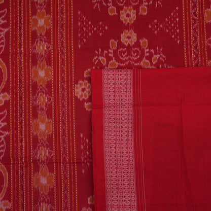 Full flat layout of a black and red Sambalpuri cotton saree showing the complete design, pallu, and border.