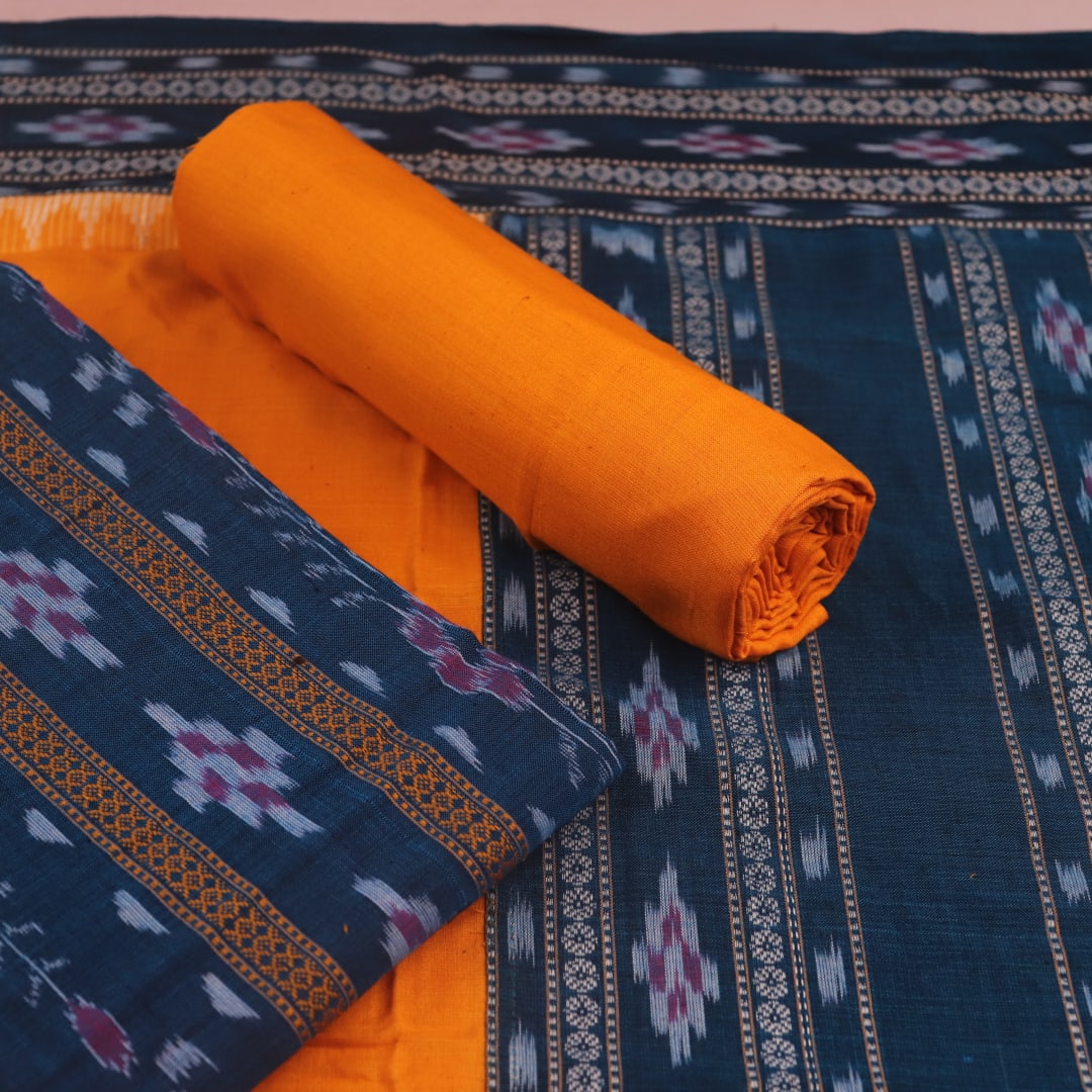Close-up of the blue and yellow Sambalpuri cotton dress material blouse piece with motifs.