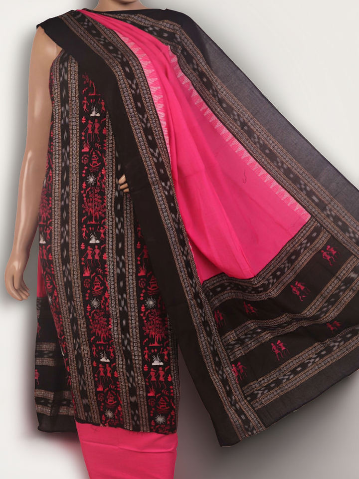 Blouse piece detail for black and pink Sambalpuri cotton dress material with motifs.