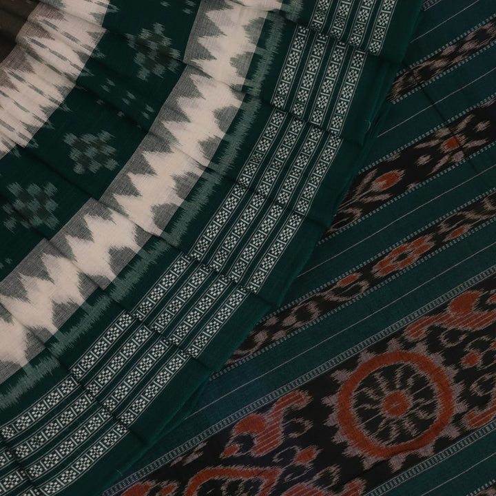 Green Sambalpuri cotton saree draped, showing styling and overall look of the handloom product.