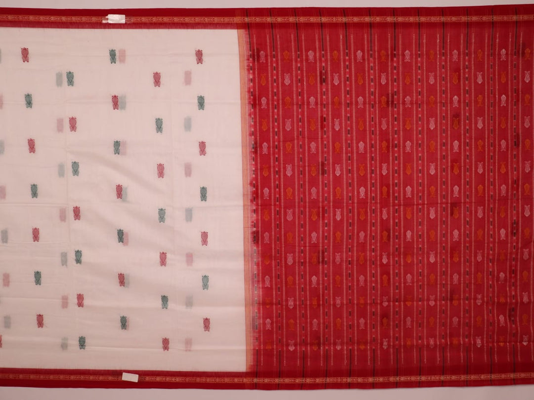 White cotton Bomkai saree with red butta pattern, full product view