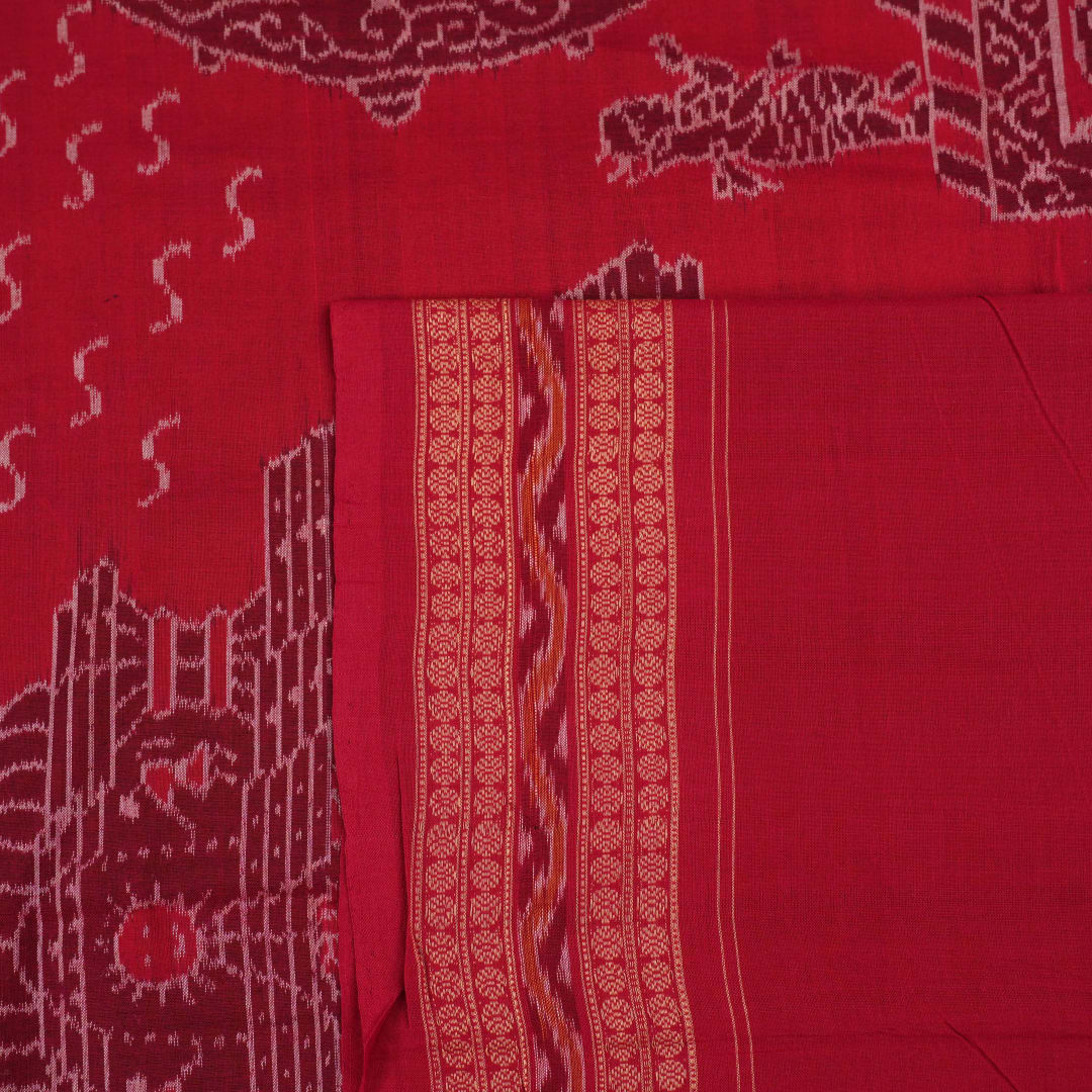 Full layout of the black and red Sambalpuri cotton saree showcasing the complete body pattern and pallu.