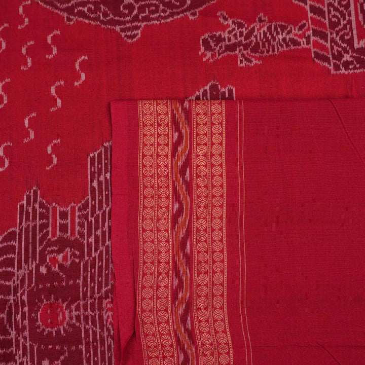 Full layout of the black and red Sambalpuri cotton saree showcasing the complete body pattern and pallu.