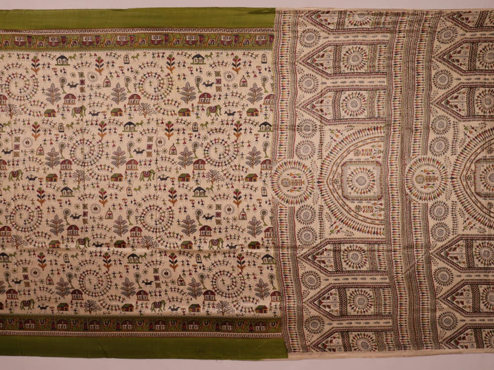 Close-up of multi-color Tussar silk saree with handwoven motifs in green