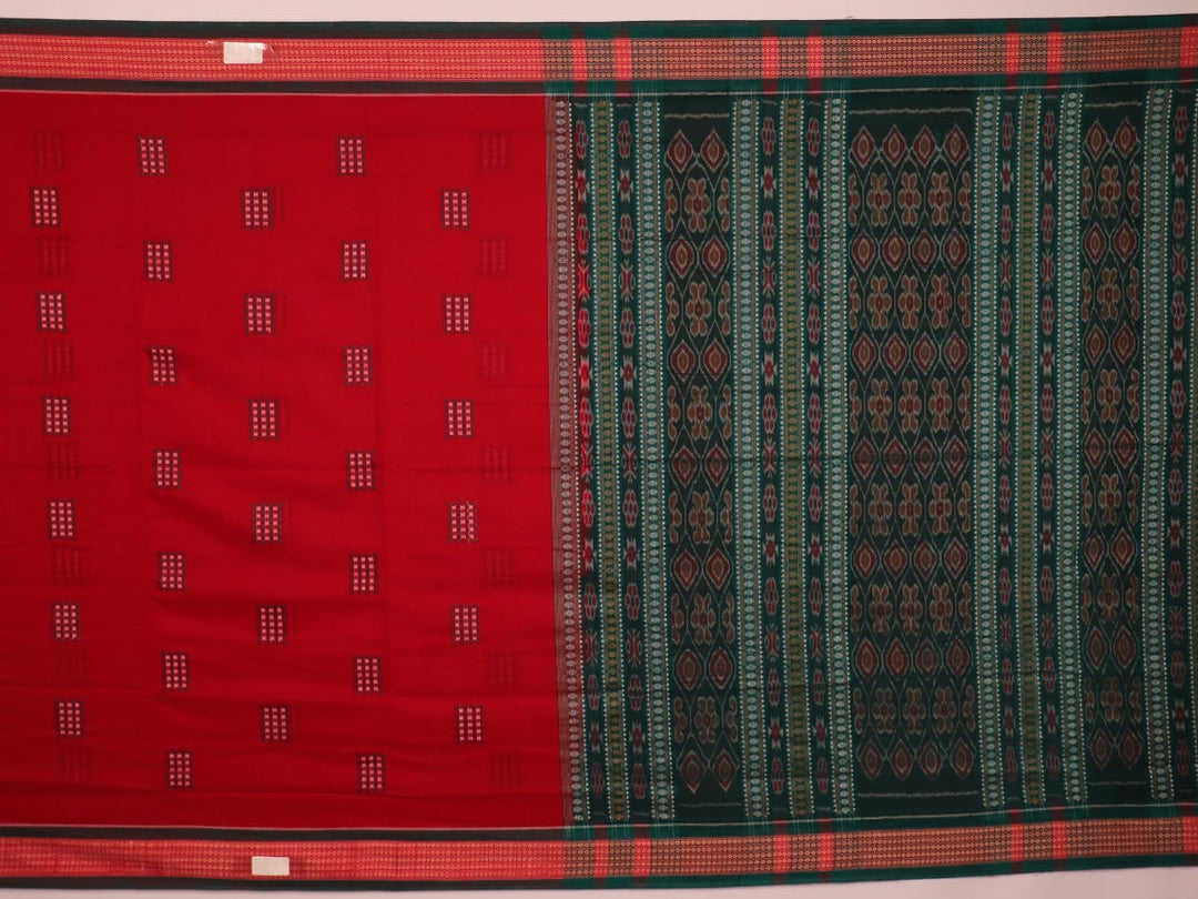 Full view of a red and green Bomkai cotton saree with a butta pattern