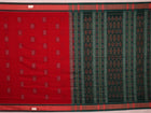 Full view of a red and green Bomkai cotton saree with a butta pattern
