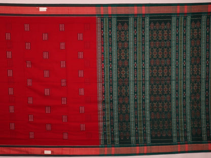 Full view of a red and green Bomkai cotton saree with a butta pattern