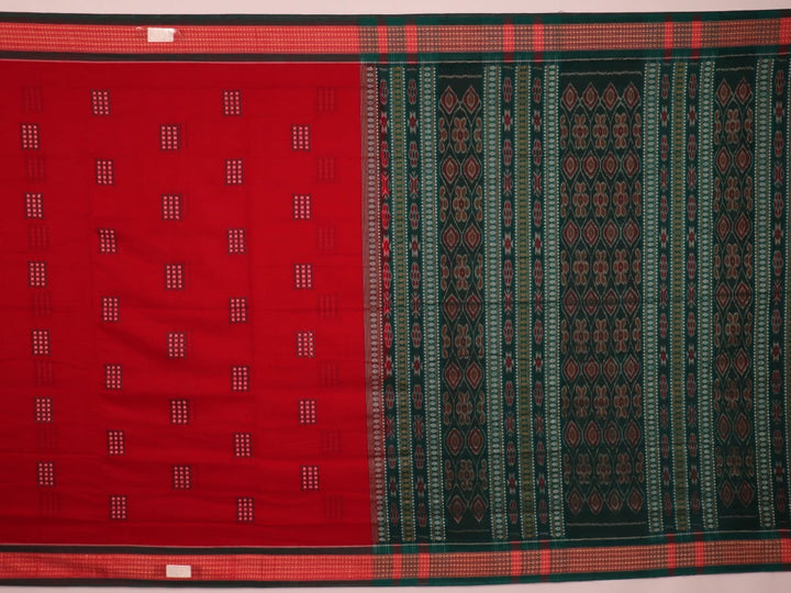 Full view of a red and green Bomkai cotton saree with a butta pattern