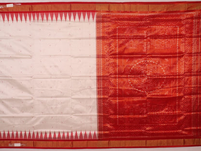 Close-up of white and red silk Bomkai saree fabric texture with butta pattern.