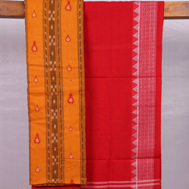 Yellow cotton Sambalpuri dress material with red motifs and intricate blouse piece.