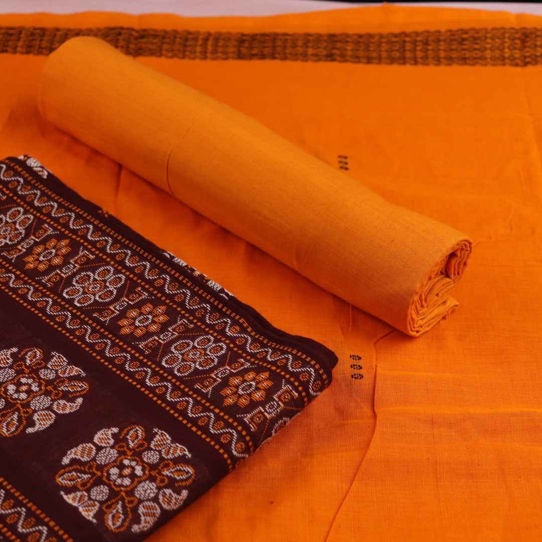 Coordinating maroon and yellow Bomkai cotton blouse piece with subtle border details.