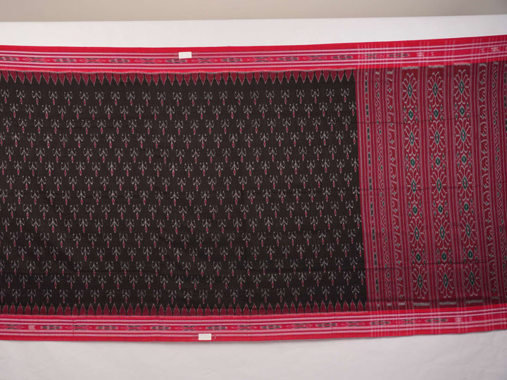 Model draped in a black and red Sambalpuri cotton saree showing traditional Odisha handloom styling.