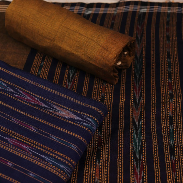 Blue and black cotton dress material with traditional Sambalpuri motifs on the blouse piece