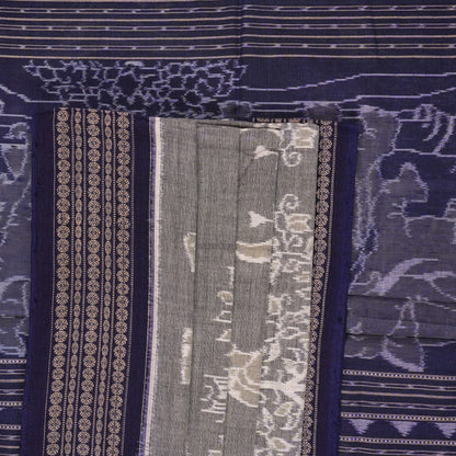 Full layout of the grey and blue Sambalpuri cotton saree displaying the body, border, and intricate pallu