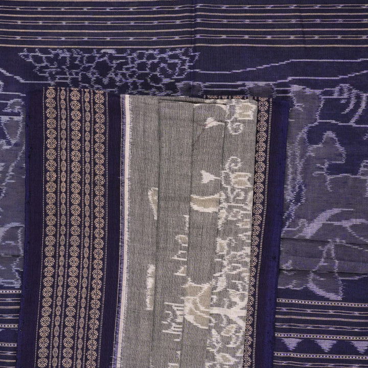 Full layout of the grey and blue Sambalpuri cotton saree displaying the body, border, and intricate pallu