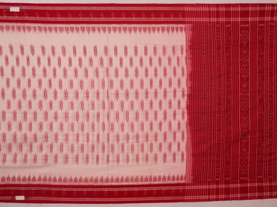 White and red cotton Sambalpuri Saree with motifs, elegantly draped.