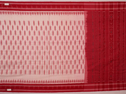 White and red cotton Sambalpuri Saree with motifs, elegantly draped.