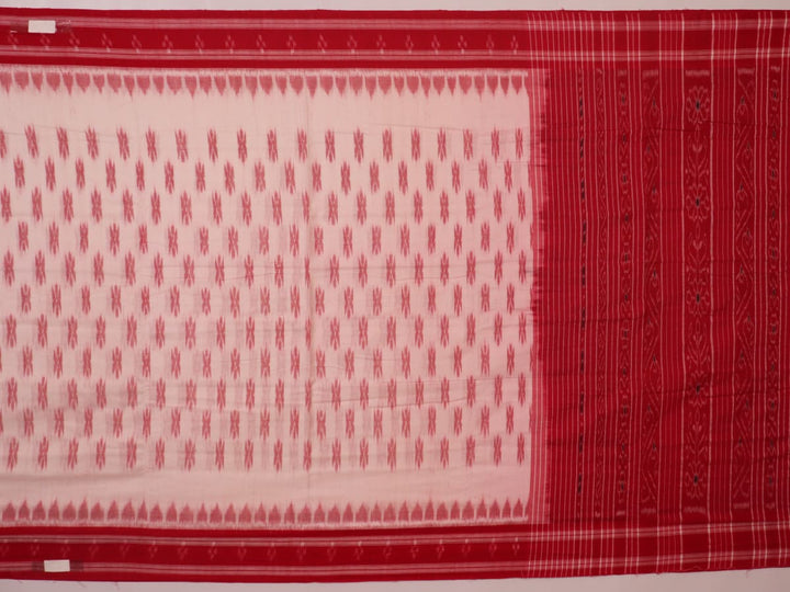 White and red cotton Sambalpuri Saree with motifs, elegantly draped.