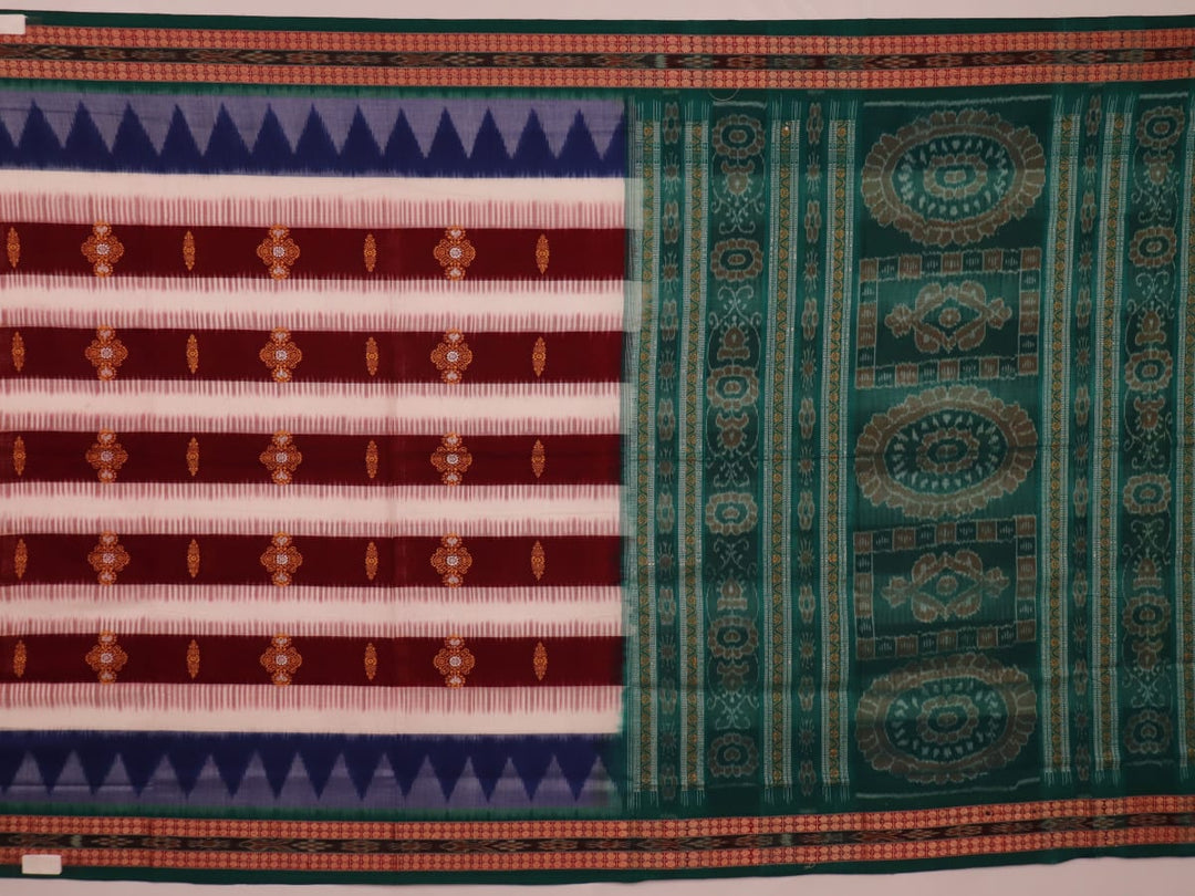 Full view of a multicolored green Bomkai cotton saree with butta pattern.