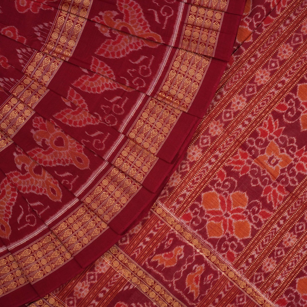 Complete flat layout of the brown and maroon Sambalpuri cotton saree showcasing all patterns and motifs.