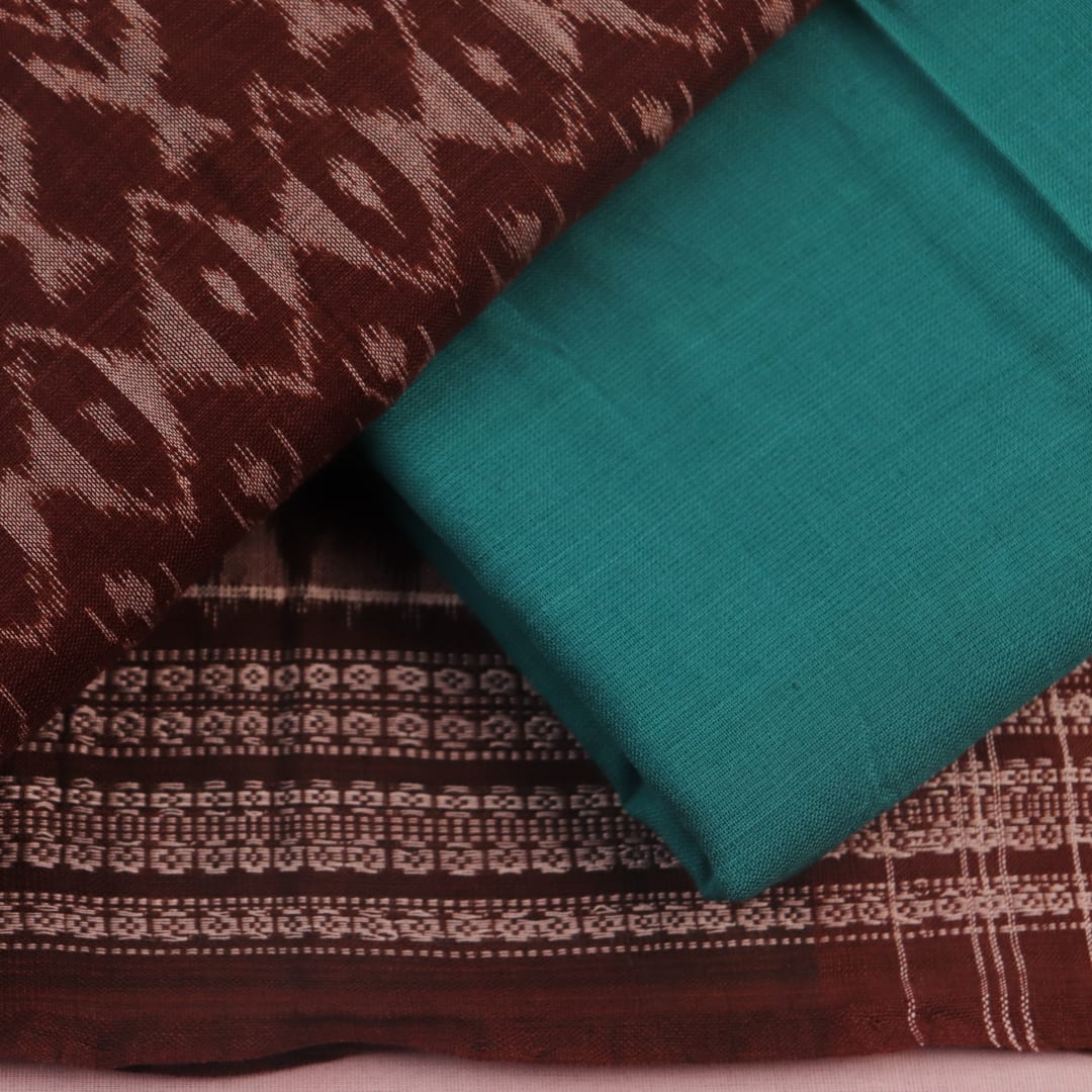 Close-up of the brown and green Sambalpuri cotton dress material's blouse piece with motifs.
