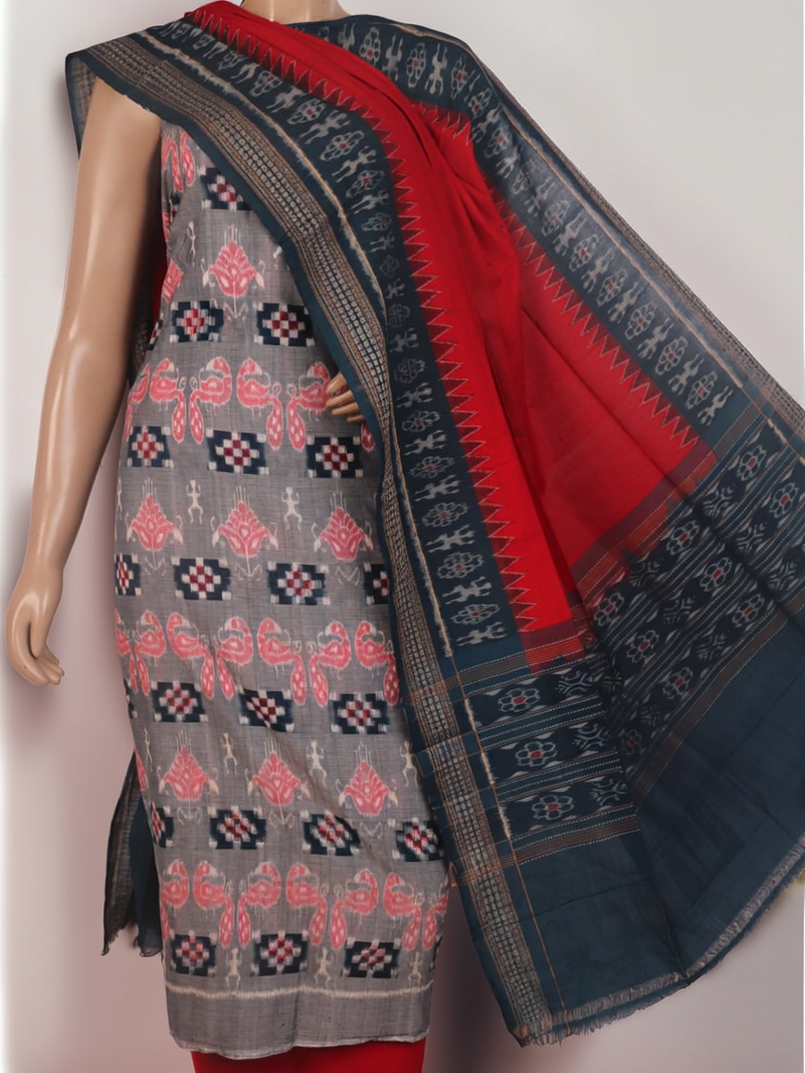 Detail of grey Sambalpuri Cotton dress material blouse piece with red motifs.