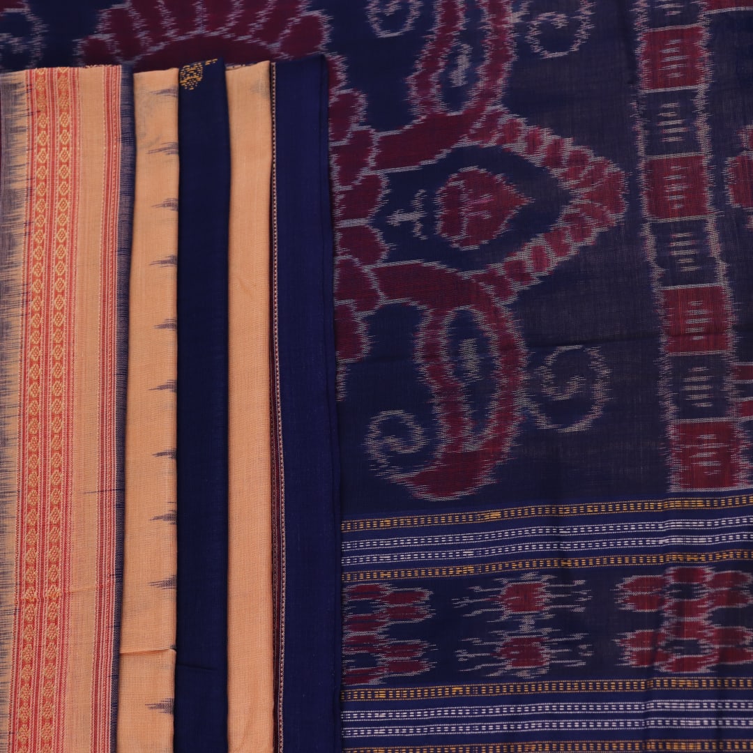 Cream cotton Bomkai saree with blue butta pattern, full view.
