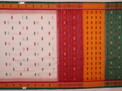 Full view of a white and green cotton handloom Bomkai saree with butta pattern.