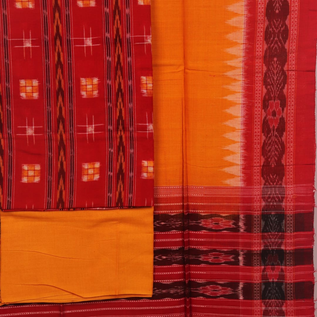 Close-up of the red and yellow Sambalpuri Pasapalli cotton blouse piece.
