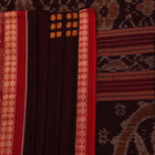 Full view of a maroon cotton Bomkai saree featuring a butta pattern with a red border and pallu.