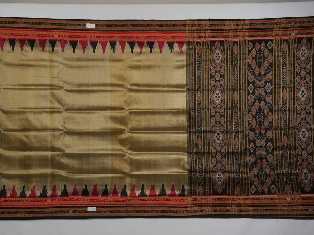 Full styling view of a model draped in a brown and black Khandua silk saree from Odisha