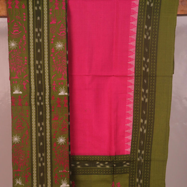 Sambalpuri cotton dress material: Detail of green blouse piece with pink motifs.